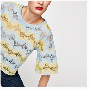 ZARA Semi Sheer Lacey Blouse Top Shirt Pull On Tee SzM Blue Yellow Pastel Beachy
